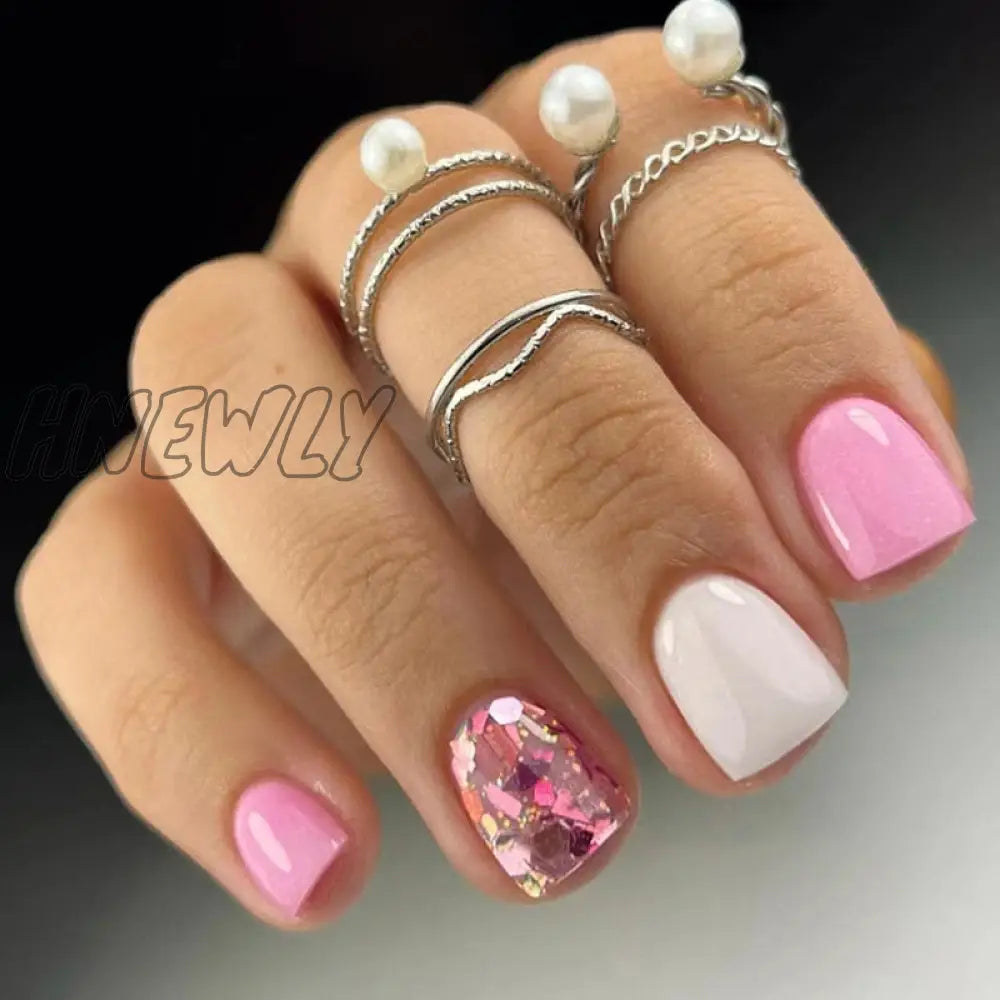 24Pcs Simple Short Square False Nails Artifical White French Fake Nail Tips With Rhinestone