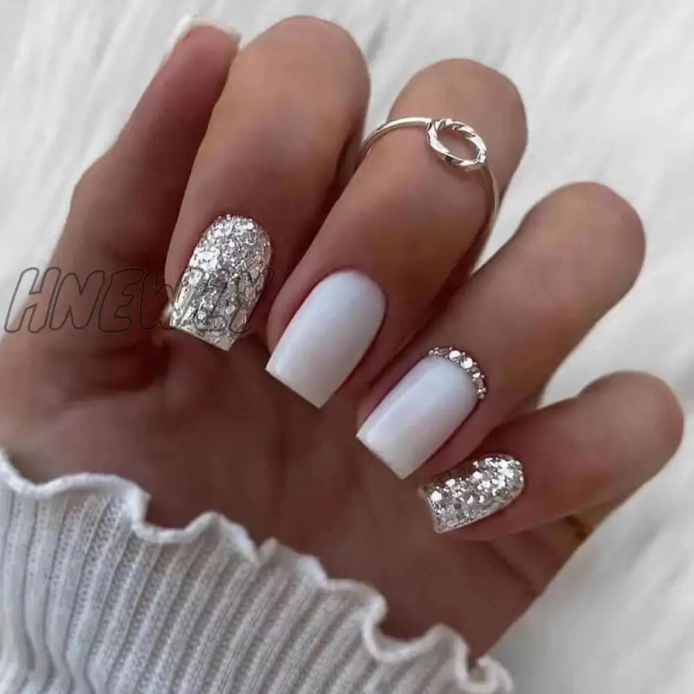 24Pcs Simple Short Square False Nails Artifical White French Fake Nail Tips With Rhinestone