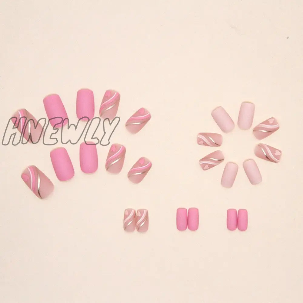 24Pcs Square Head False Nails With Glue Pink Wavy Line Design Fake Artifical Finished Press On Full