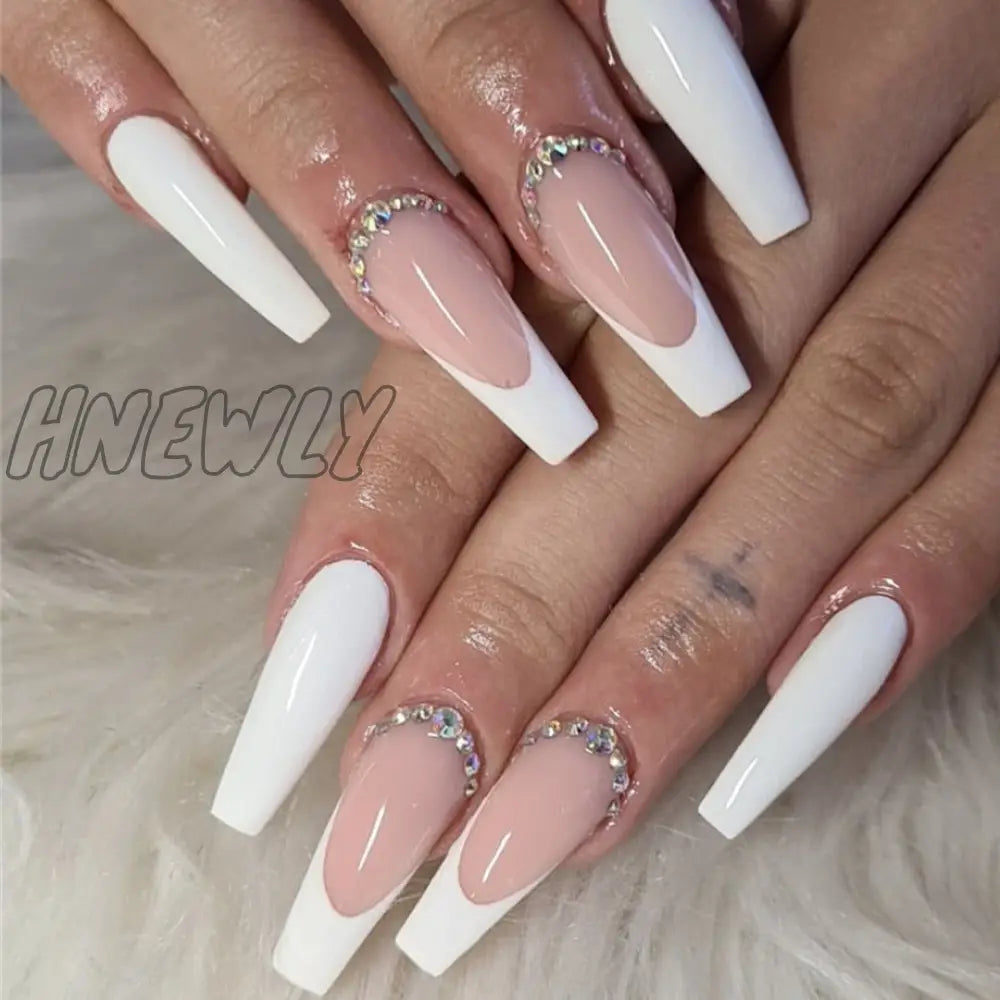 24Pcs Summer False Nails With Designs Charms Flame Long Ballerina Fake Nails Wearable Coffin French