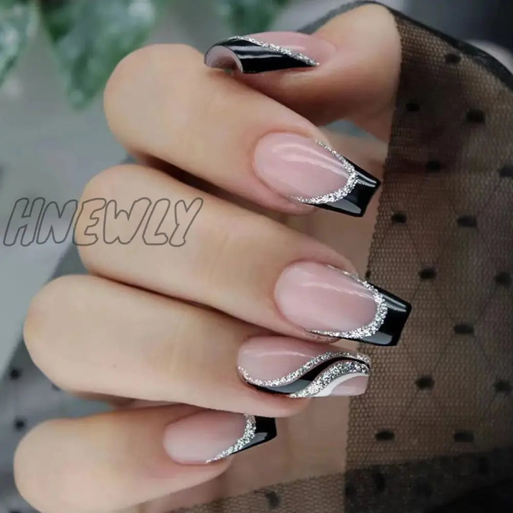 24Pcs Summer False Nails With Designs Charms Flame Long Ballerina Fake Nails Wearable Coffin French