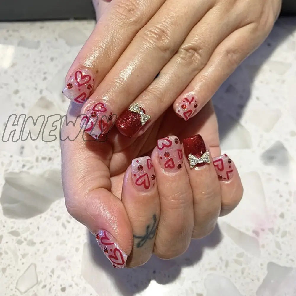 24Pcs Valentine’s Day Detachable False Nails Wearable French Fake Love Pattern Design Full Cover