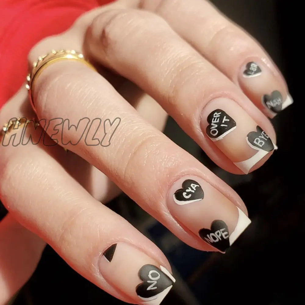 24Pcs Valentine’s Day Detachable False Nails Wearable French Fake Love Pattern Design Full Cover