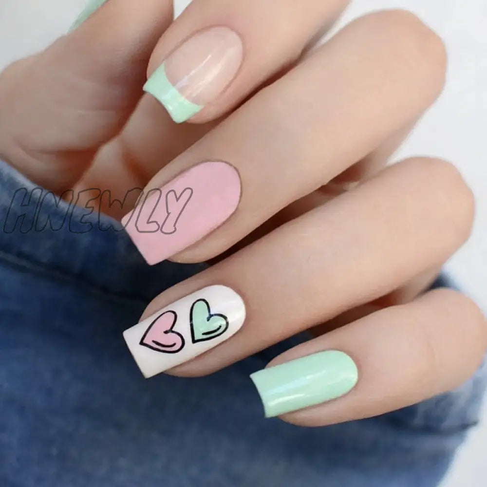 24Pcs Valentine’s Day Detachable False Nails Wearable French Fake Love Pattern Design Full Cover