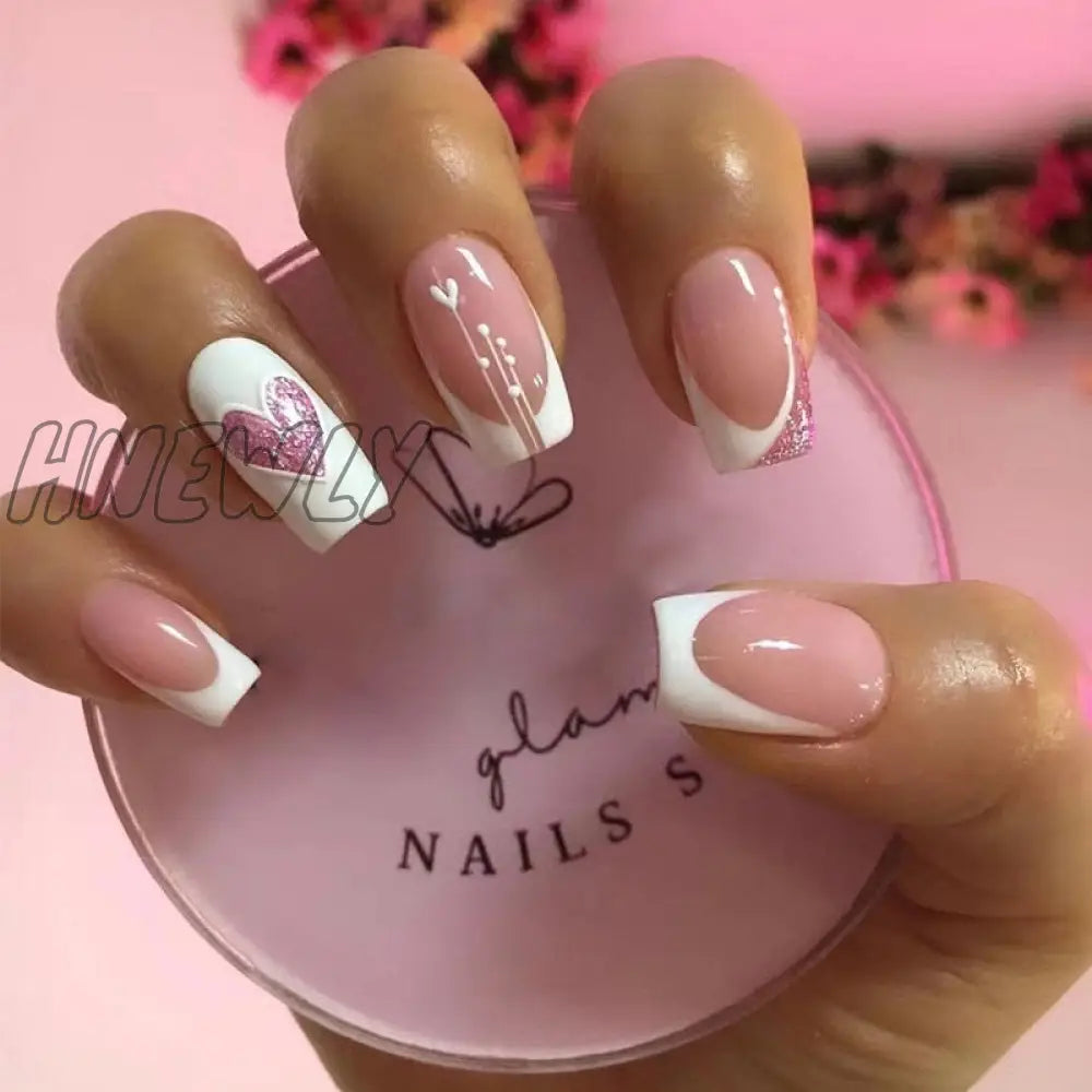 24Pcs Valentine’s Day Detachable False Nails Wearable French Fake Love Pattern Design Full Cover