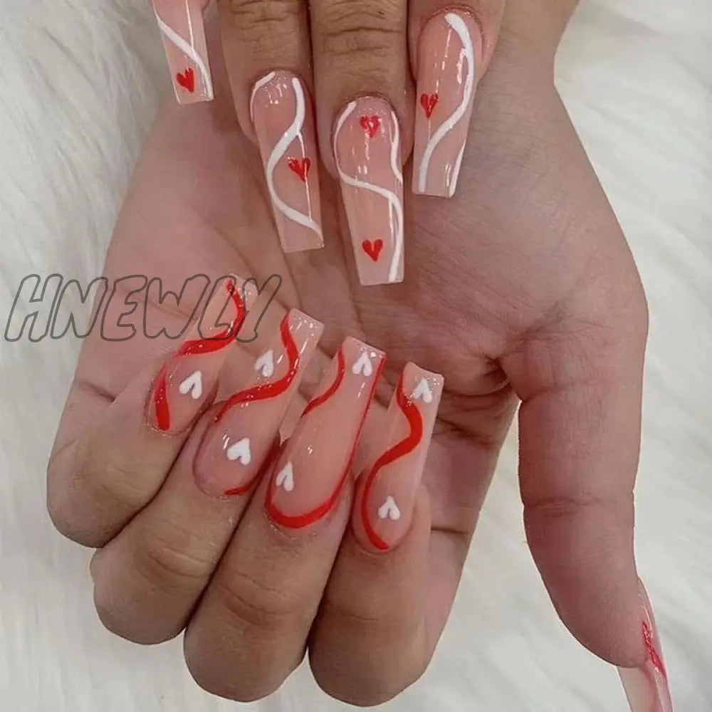 24Pcs Valentine’s Day Detachable False Nails Wearable French Fake Love Pattern Design Full Cover