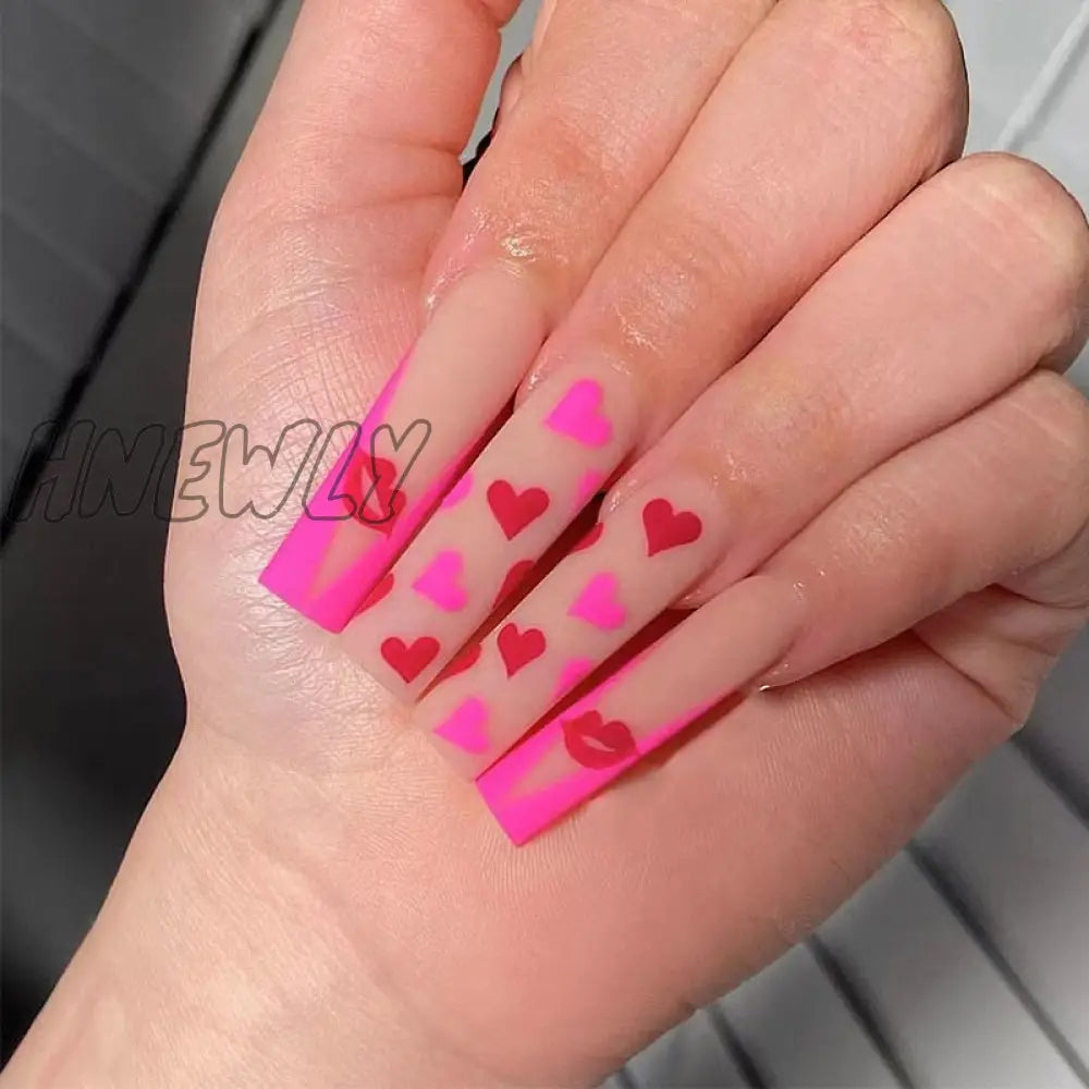 24Pcs Valentine’s Day Detachable False Nails Wearable French Fake Love Pattern Design Full Cover