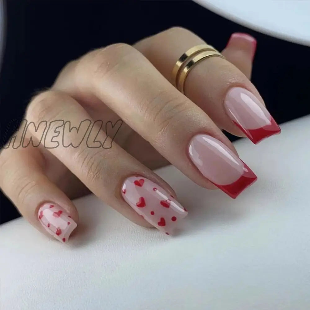 24Pcs Valentine’s Day Detachable False Nails Wearable French Fake Love Pattern Design Full Cover