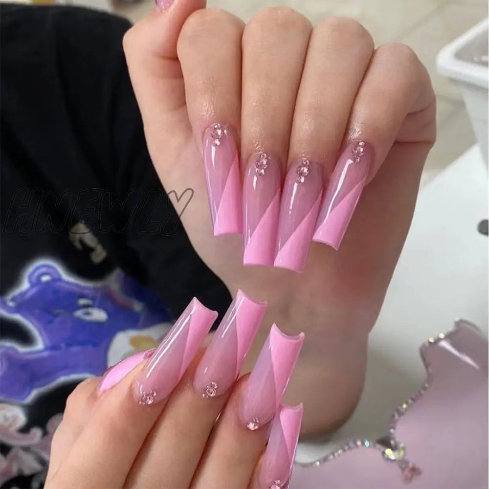 24Pcs Wearable Acrylic False Nail Tips Coffin Ballerina Fake Nails With Glue Purple Design