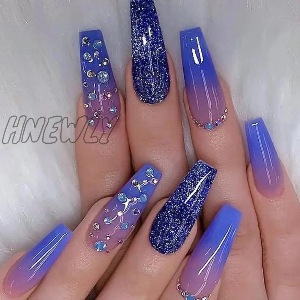 24Pcs Wearable Acrylic False Nail Tips Coffin Ballerina Fake Nails With Glue Purple Design