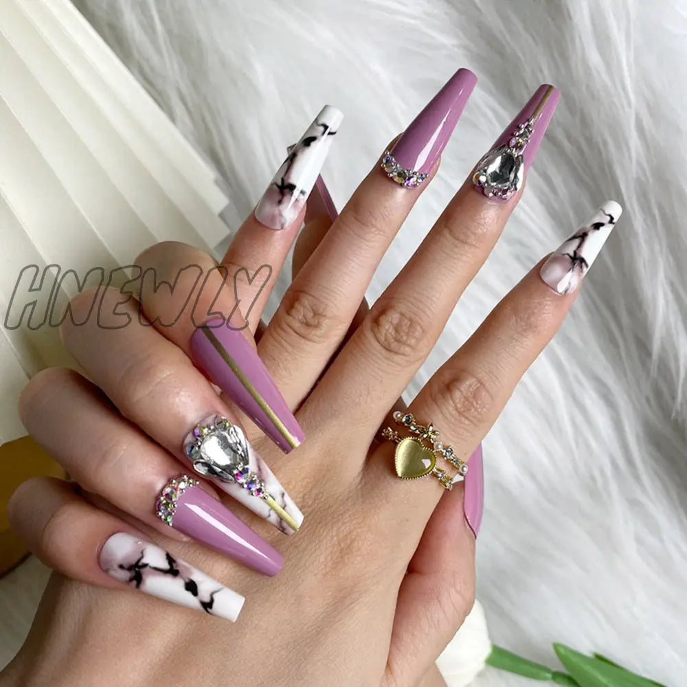 24Pcs Wearable Acrylic False Nail Tips Coffin Ballerina Fake Nails With Glue Purple Design