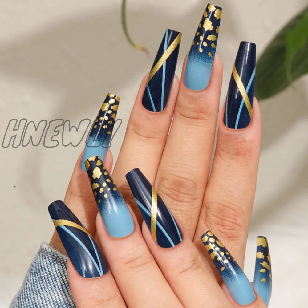 24Pcs Wearable Coffin False Nails Gradient Blue Press On Long Ballet Square Fake Nail Tips Acrylic