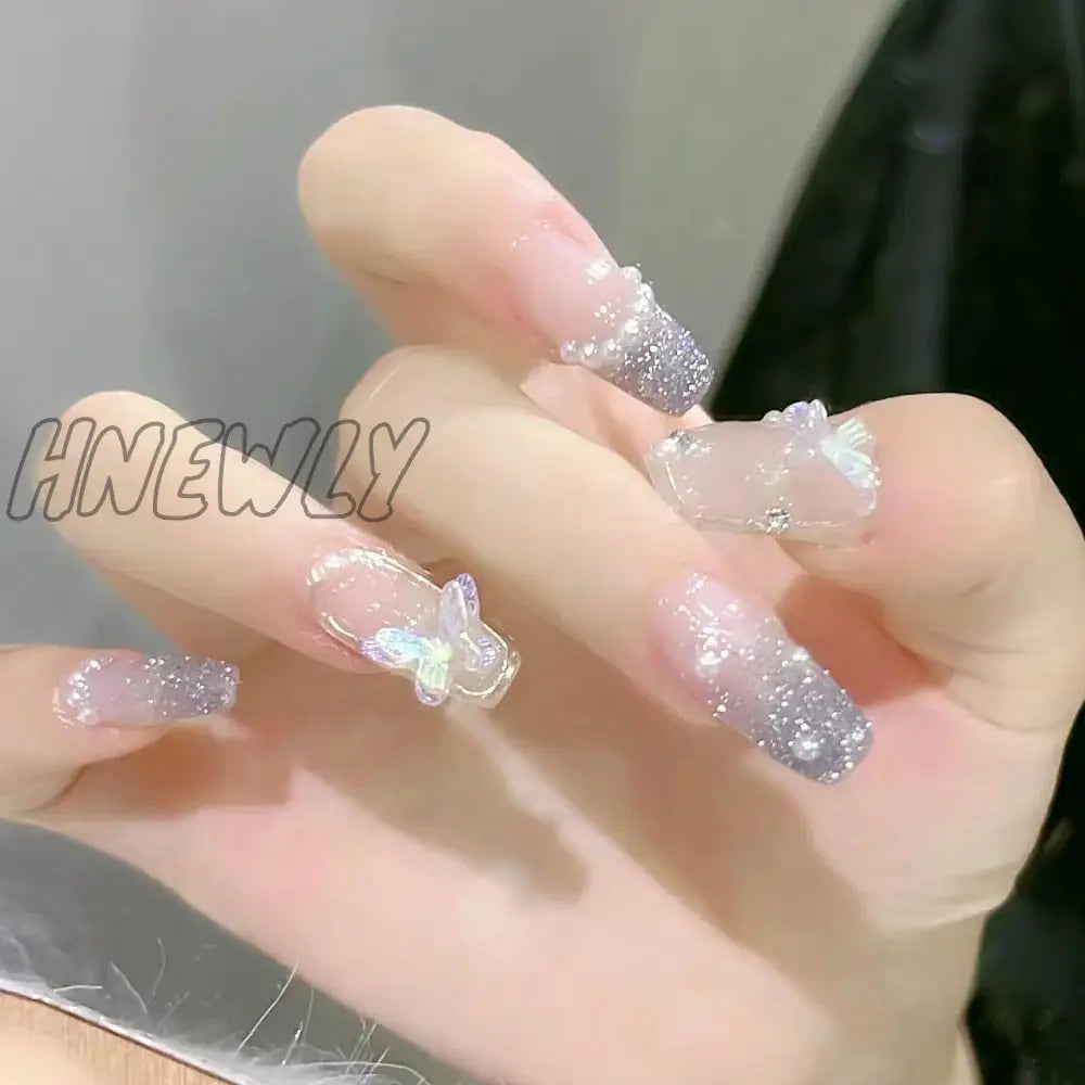 24Pcs Wearable Pink Press On Fake Nails Tips With Glue False Nails Design Butterfly Lovely Girl