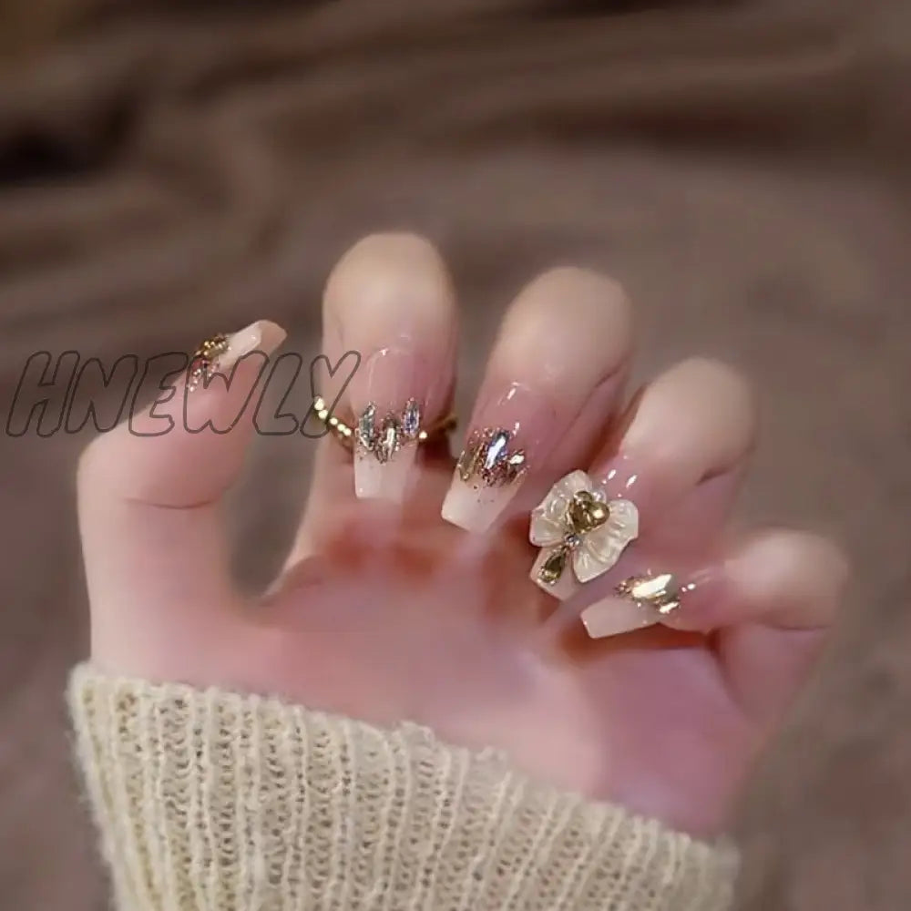 24Pcs Wearable Pink Press On Fake Nails Tips With Glue False Nails Design Butterfly Lovely Girl