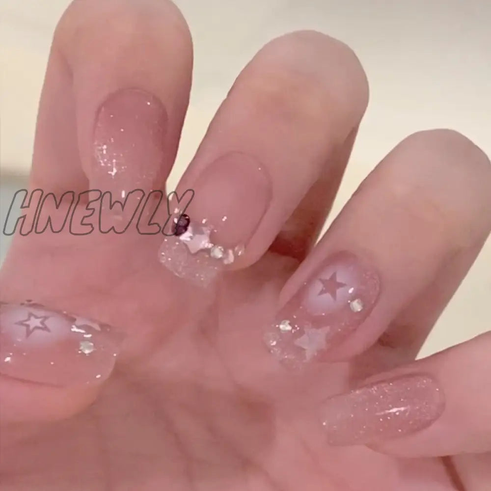 24Pcs Wearable Pink Press On Fake Nails Tips With Glue False Nails Design Butterfly Lovely Girl