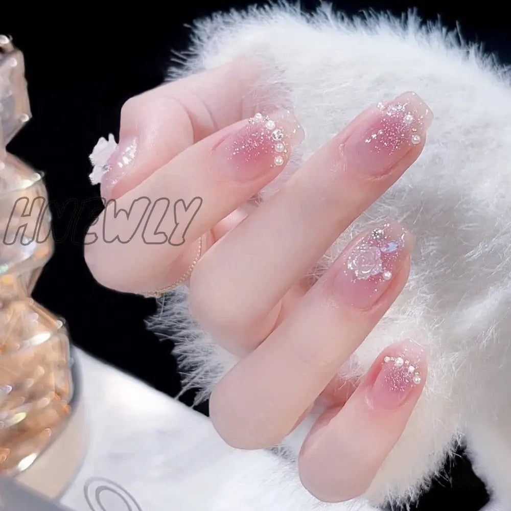 24Pcs Wearable Pink Press On Fake Nails Tips With Glue False Nails Design Butterfly Lovely Girl