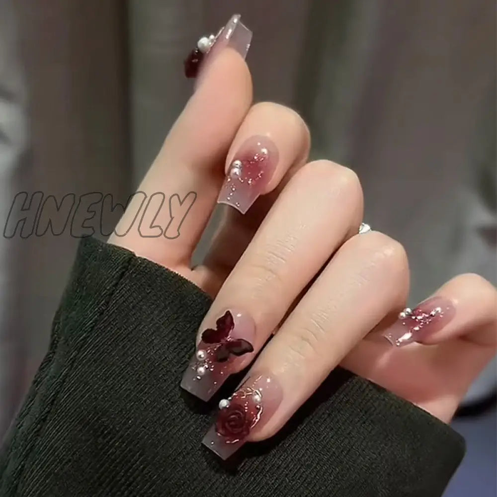 24Pcs Wearable Pink Press On Fake Nails Tips With Glue False Nails Design Butterfly Lovely Girl