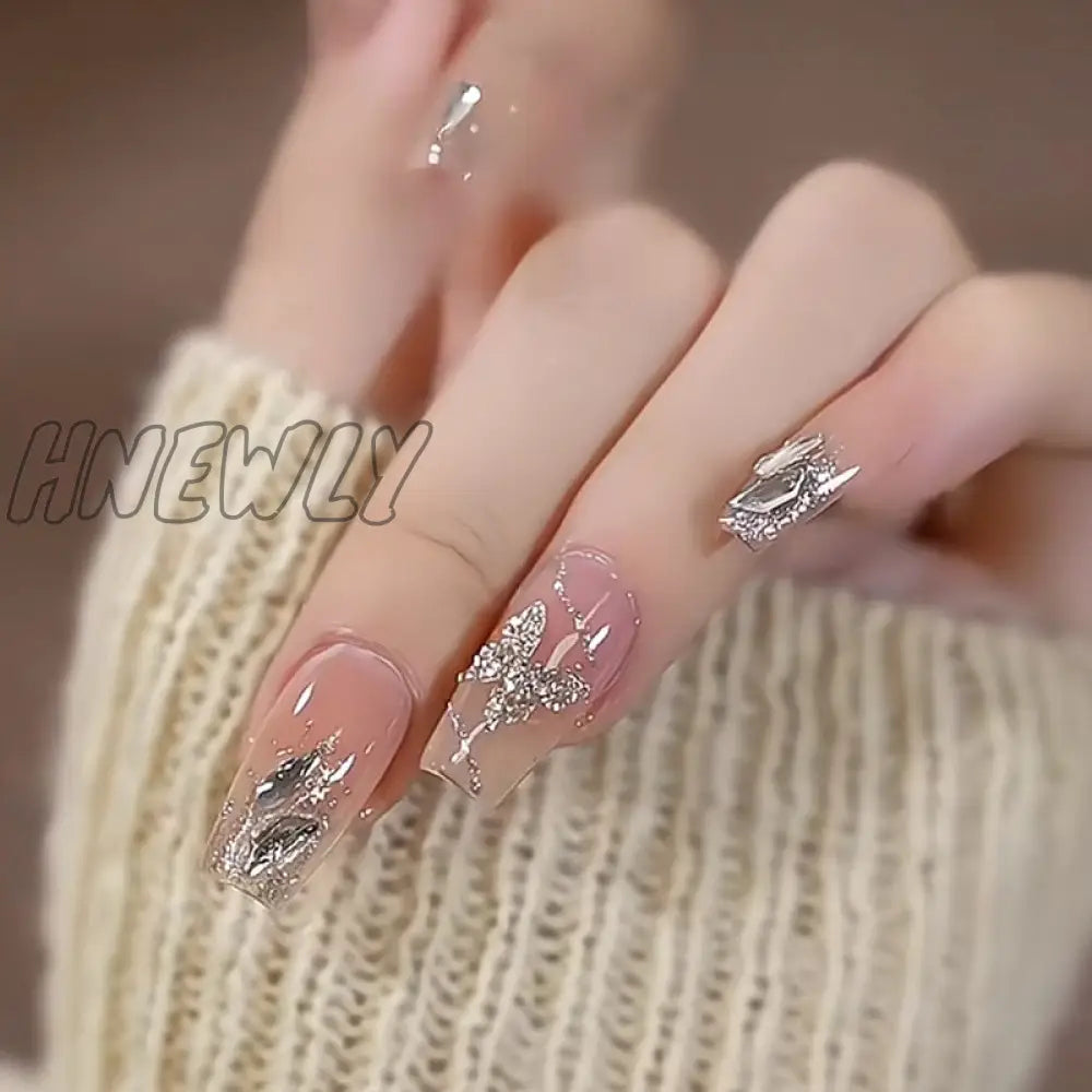 24Pcs Wearable Pink Press On Fake Nails Tips With Glue False Nails Design Butterfly Lovely Girl