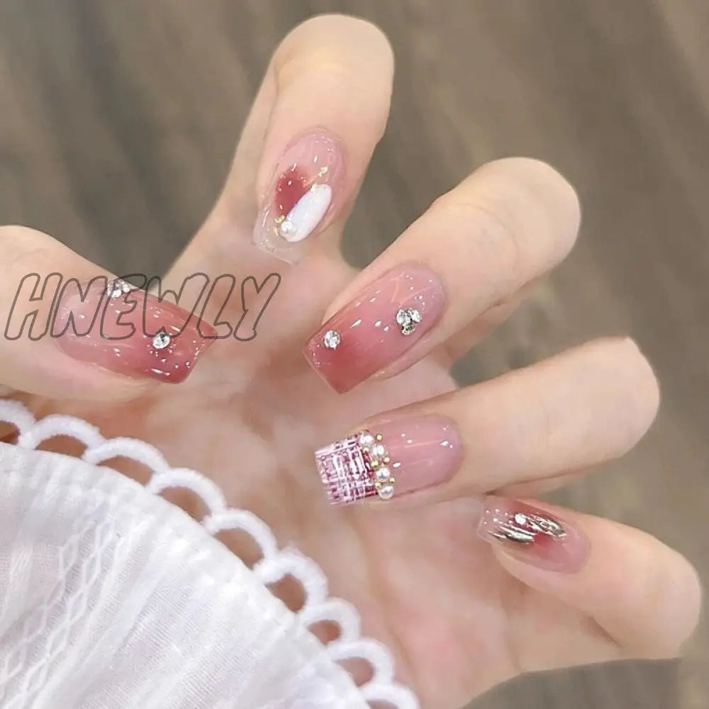 24Pcs Wearable Pink Press On Fake Nails Tips With Glue False Nails Design Butterfly Lovely Girl