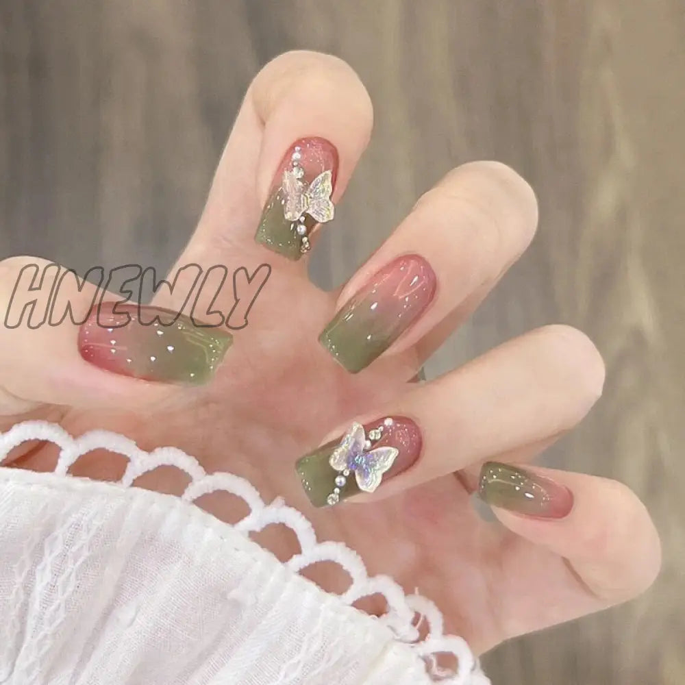 24Pcs Wearable Pink Press On Fake Nails Tips With Glue False Nails Design Butterfly Lovely Girl