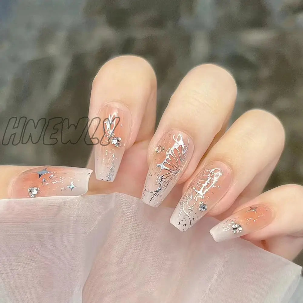 24Pcs Wearable Pink Press On Fake Nails Tips With Glue False Nails Design Butterfly Lovely Girl