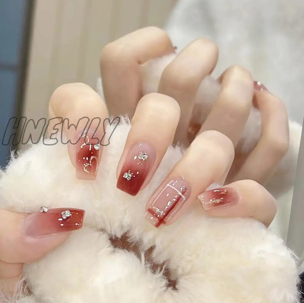 24Pcs Wearable Pink Press On Fake Nails Tips With Glue False Nails Design Butterfly Lovely Girl