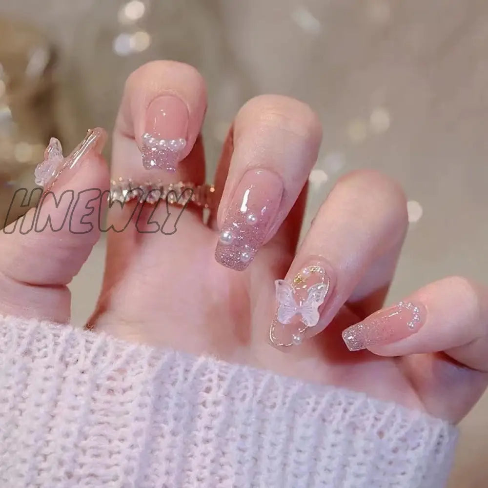 24Pcs Wearable Pink Press On Fake Nails Tips With Glue False Nails Design Butterfly Lovely Girl