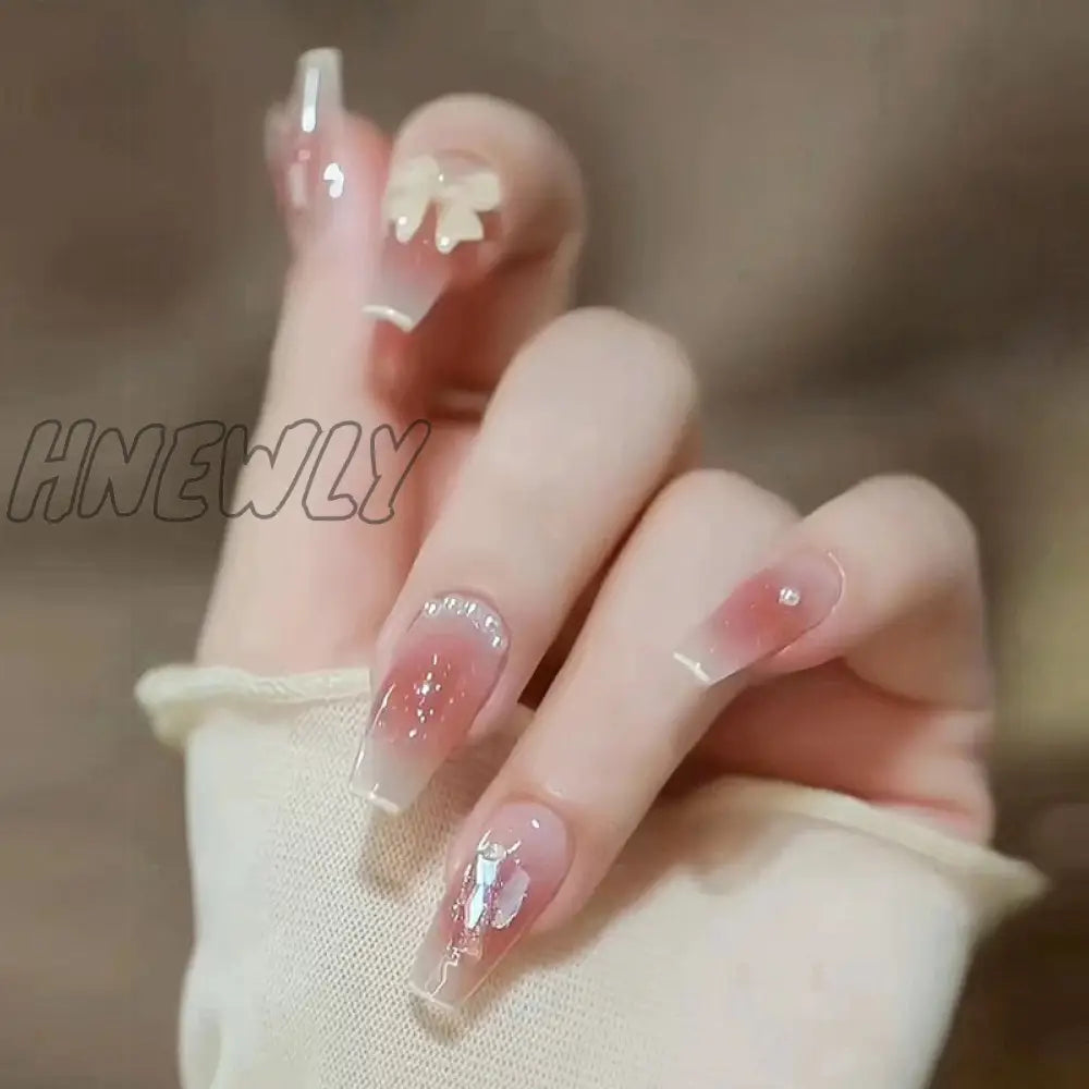 24Pcs Wearable Pink Press On Fake Nails Tips With Glue False Nails Design Butterfly Lovely Girl