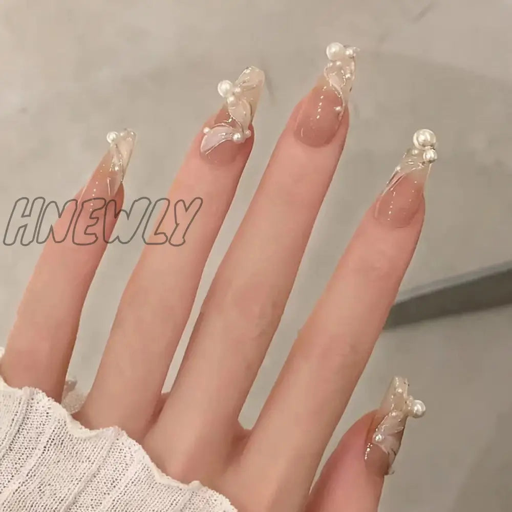 24Pcs Wearable Pink Press On Fake Nails Tips With Glue False Nails Design Butterfly Lovely Girl