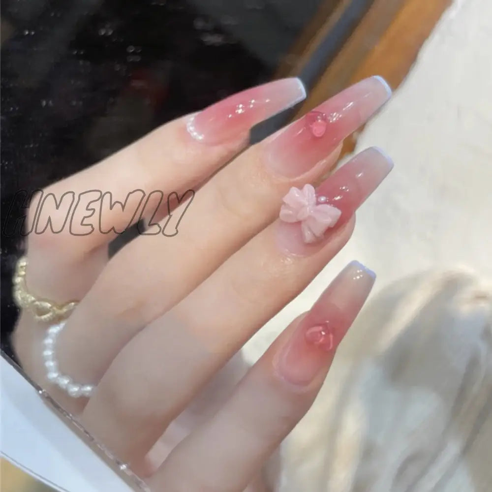 24Pcs Wearable Pink Press On Fake Nails Tips With Glue False Nails Design Butterfly Lovely Girl