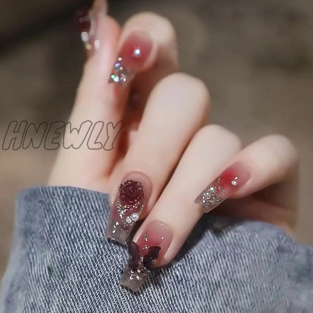 24Pcs Wearable Pink Press On Fake Nails Tips With Glue False Nails Design Butterfly Lovely Girl