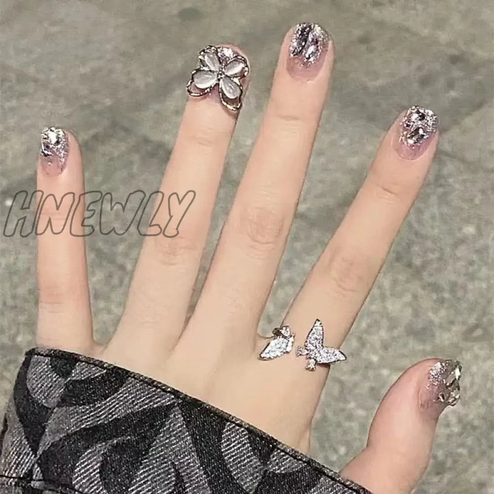 24Pcs Wearable Pink Press On Fake Nails Tips With Glue False Nails Design Butterfly Lovely Girl