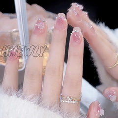 24Pcs Wearable Pink Press On Fake Nails Tips With Glue False Nails Design Butterfly Lovely Girl