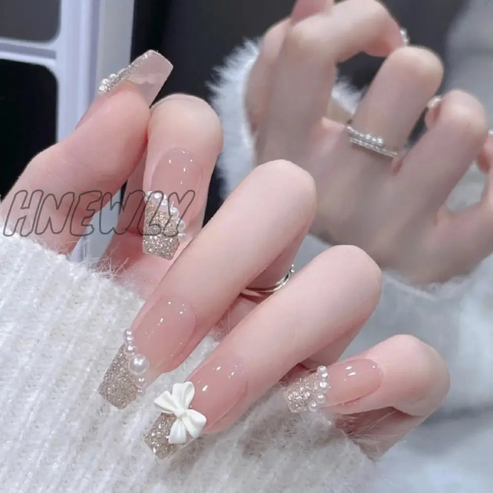 24Pcs Wearable Pink Press On Fake Nails Tips With Glue False Nails Design Butterfly Lovely Girl