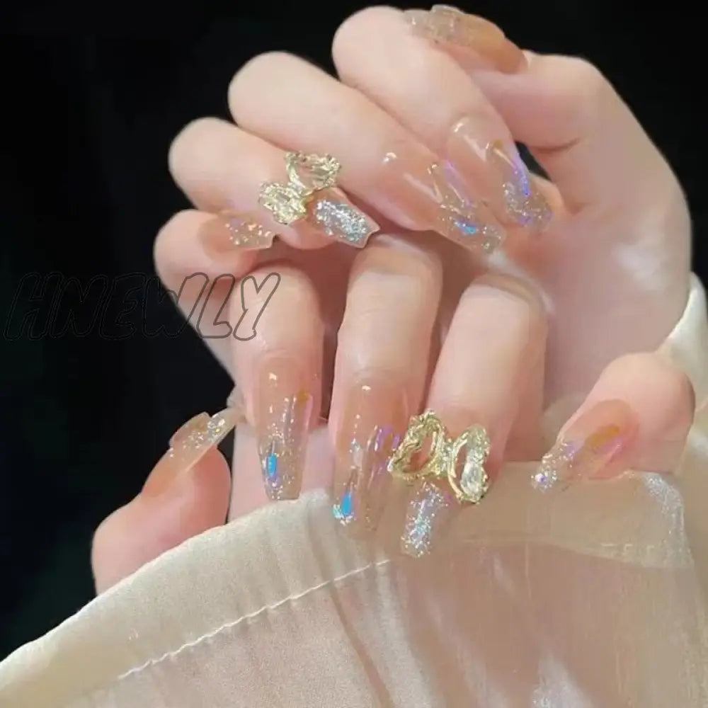 24Pcs Wearable Pink Press On Fake Nails Tips With Glue False Nails Design Butterfly Lovely Girl