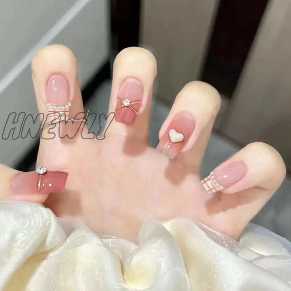 24Pcs Wearable Pink Press On Fake Nails Tips With Glue False Nails Design Butterfly Lovely Girl