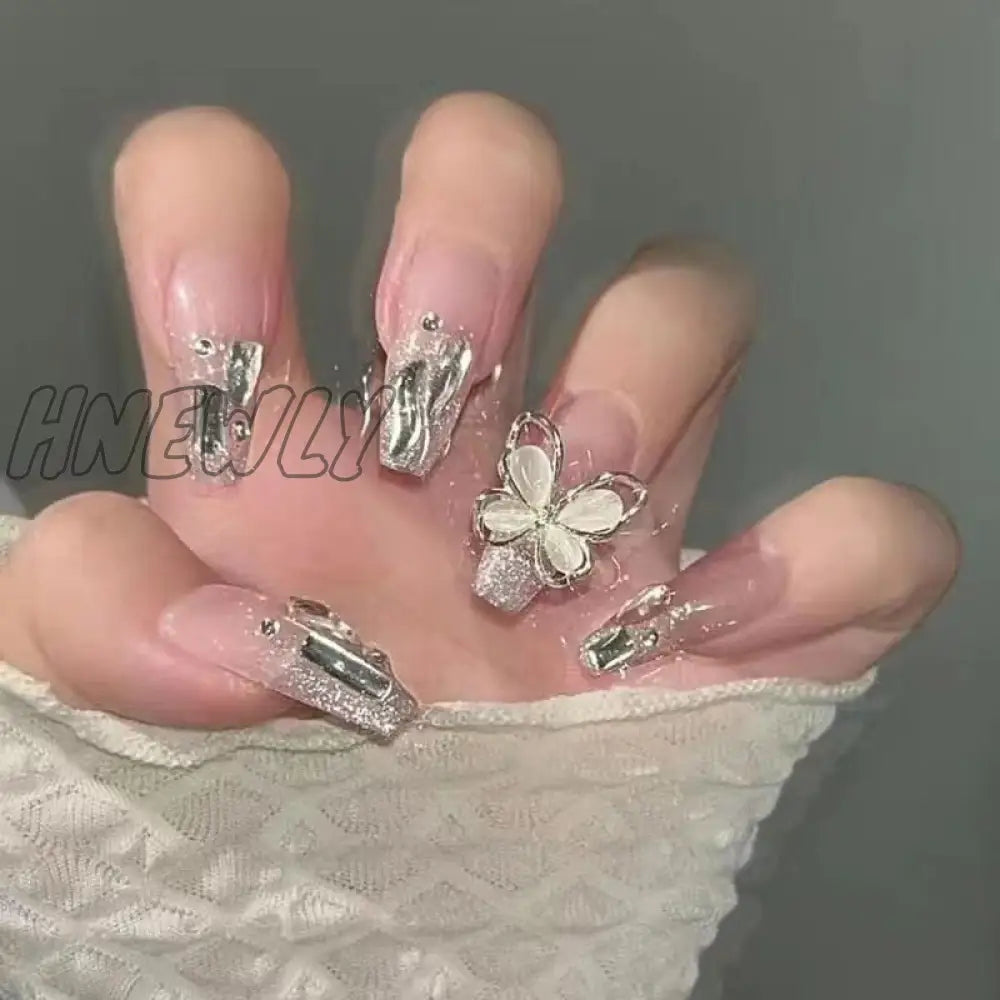 24Pcs Wearable Pink Press On Fake Nails Tips With Glue False Nails Design Butterfly Lovely Girl