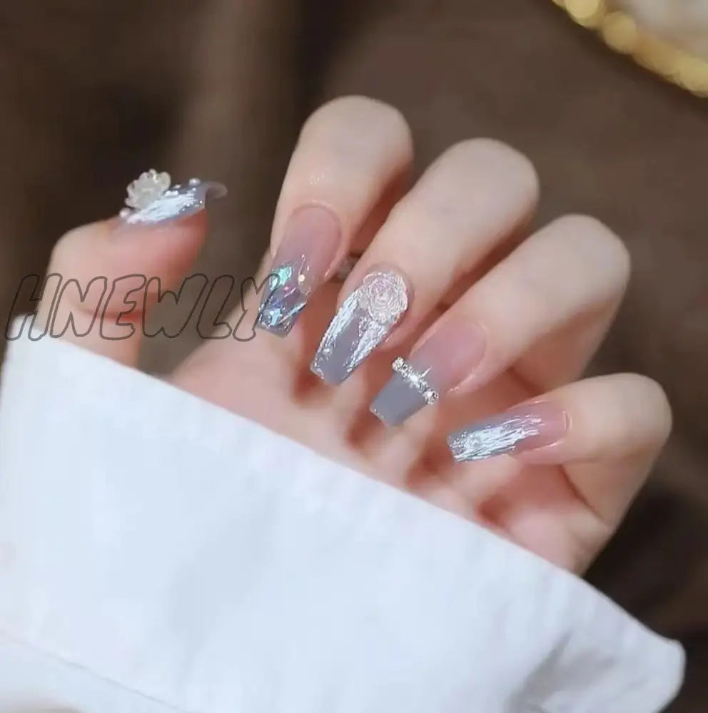 24Pcs Wearable Pink Press On Fake Nails Tips With Glue False Nails Design Butterfly Lovely Girl