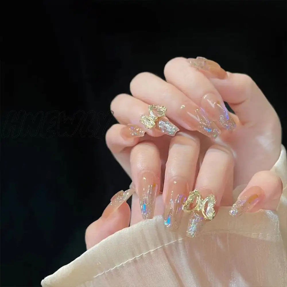 24Pcs Wearable Pink Press On Fake Nails Tips With Glue False Nails Design Butterfly Lovely Girl