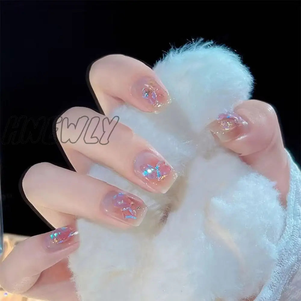 24Pcs Wearable Pink Press On Fake Nails Tips With Glue False Nails Design Butterfly Lovely Girl