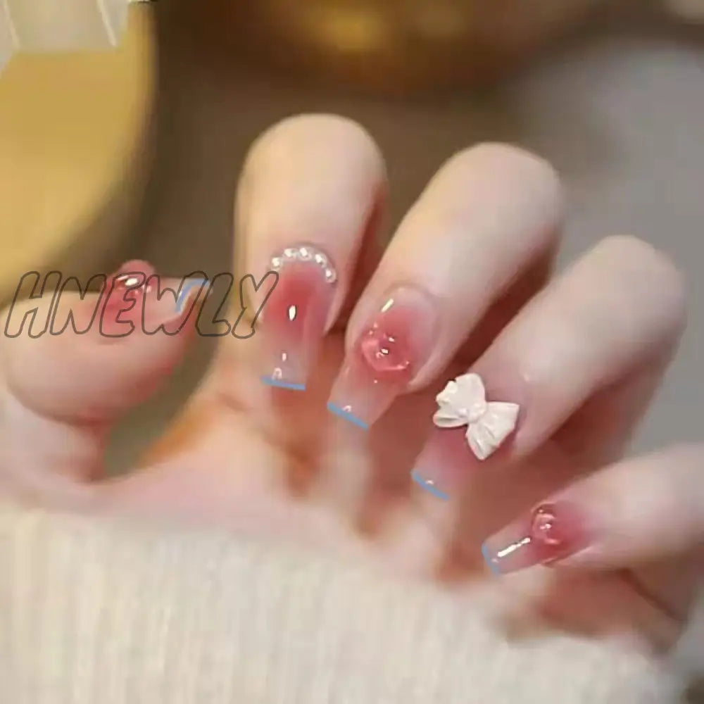 24Pcs Wearable Pink Press On Fake Nails Tips With Glue False Nails Design Butterfly Lovely Girl