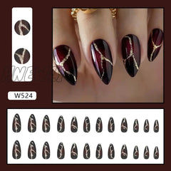 24Pcs Y2K Cool False Nail Tips Ins Gold Foil Retro Red Fake Nails Manicure Set Almond Patch For