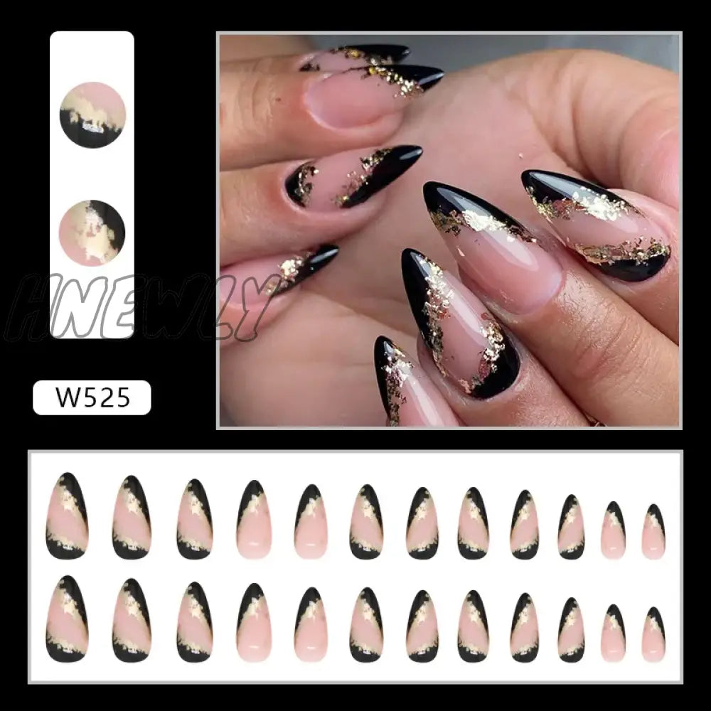 24Pcs Y2K Cool False Nail Tips Ins Gold Foil Retro Red Fake Nails Manicure Set Almond Patch For