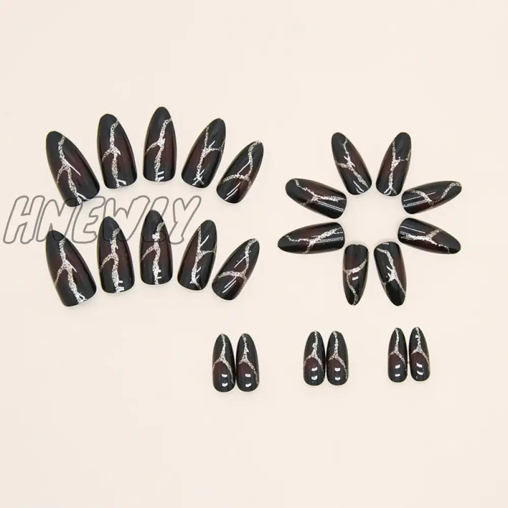 24Pcs Y2K Cool False Nail Tips Ins Gold Foil Retro Red Fake Nails Manicure Set Almond Patch For