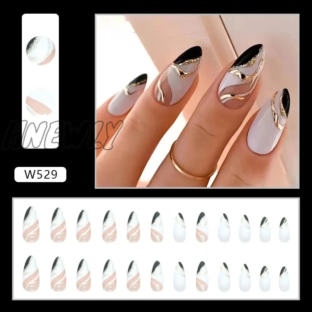 24Pcs Y2K Cool False Nail Tips Ins Gold Foil Retro Red Fake Nails Manicure Set Almond Patch For