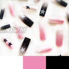 24Pcs Y2K Fake Nails Black White Star Printed Press On Nail Tips Long Coffin European Artificial