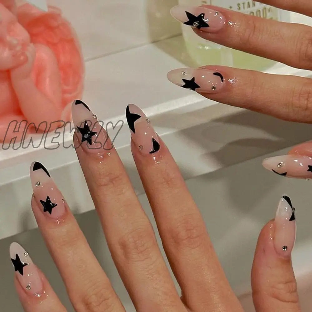 24Pcs Y2K Fake Nails Black White Star Printed Press On Nail Tips Long Coffin European Artificial