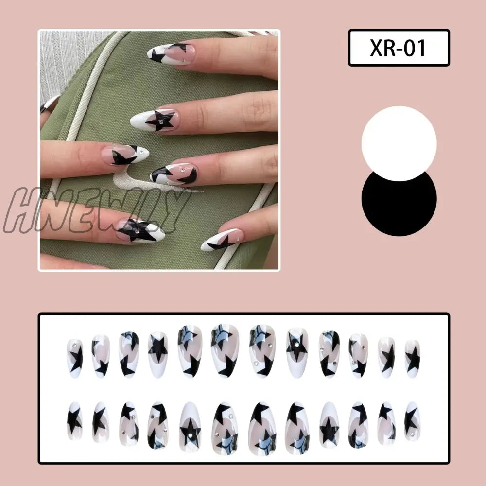 24Pcs Y2K Fake Nails Black White Star Printed Press On Nail Tips Long Coffin European Artificial