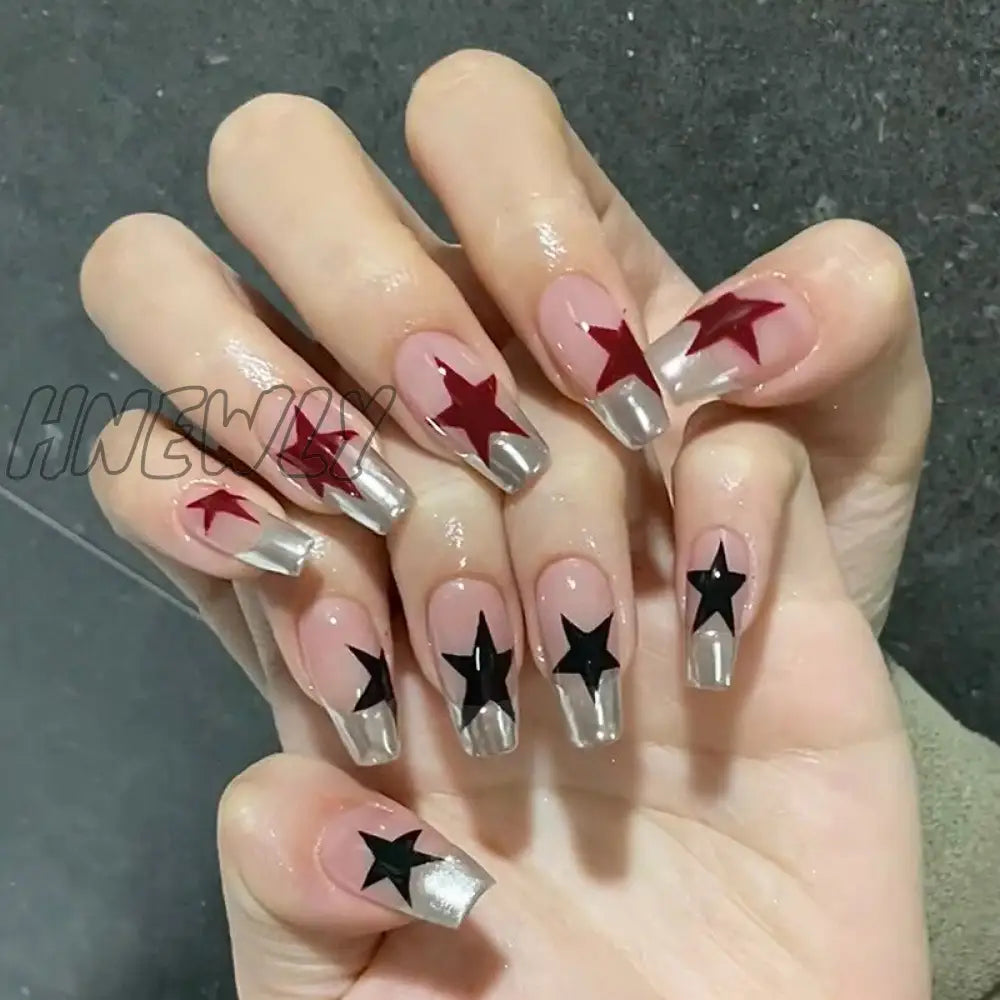 24Pcs Y2K Fake Nails Black White Star Printed Press On Nail Tips Long Coffin European Artificial