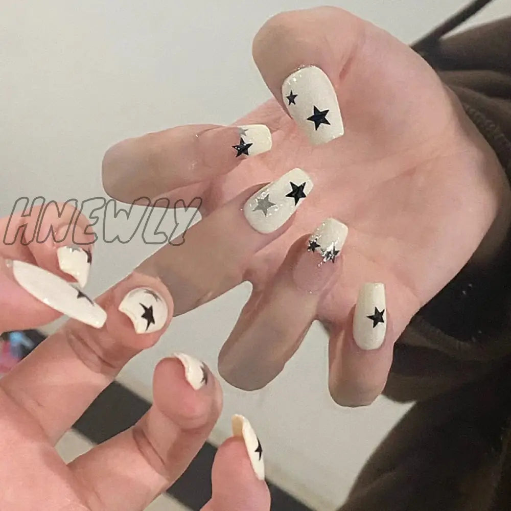 24Pcs Y2K Fake Nails Black White Star Printed Press On Nail Tips Long Coffin European Artificial